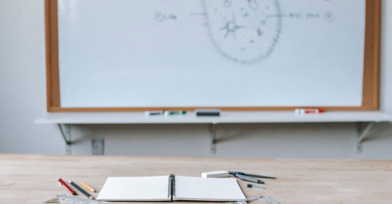 Objectivity And Subjectivity - Whiteboard with scheme behind wooden table with various school supplies and chair with backpack